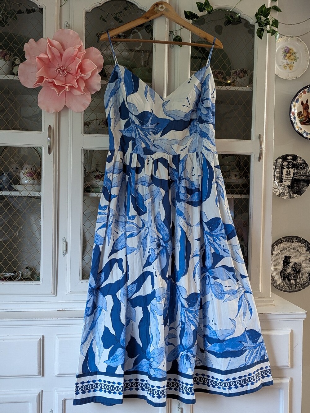 H&M Viral Blue White Smocked Tank Flare Midi Dress Resort Inspired Beach Summery